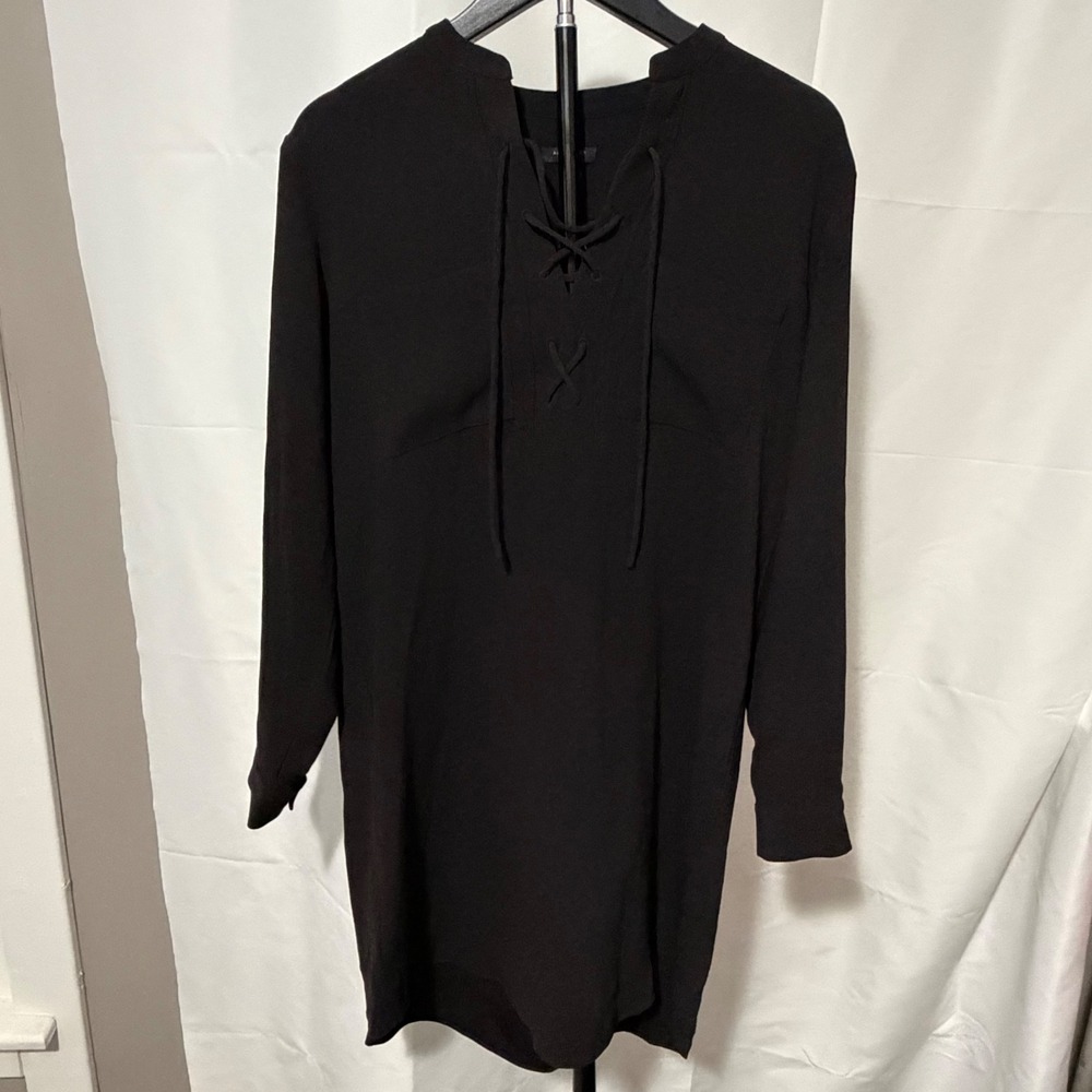 Ann Taylor Petite Black Lace Up Neck Long Sleeve Shift Dress 4P NWT 429361